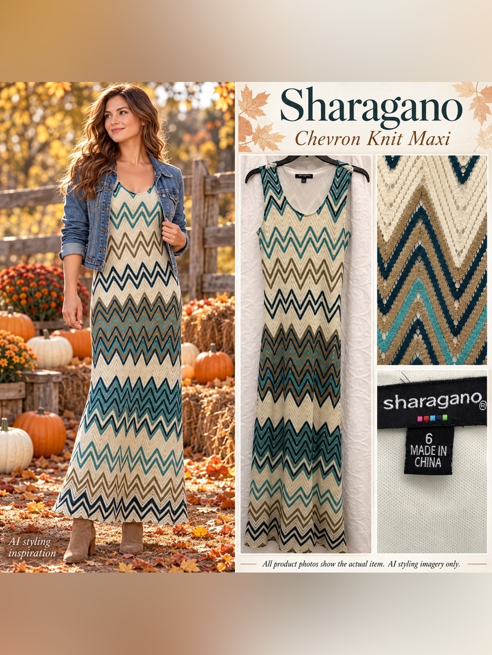 Sharagano Maxi Dress 6 Teal Chevron Crochet Knit Bodycon Lined Boho Fall EUC